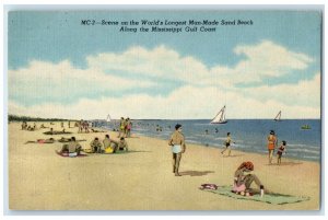 c1940 Scene World's Largest Man-Made Sand Beach Mississippi Gulf Coast Postcard