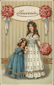 Beautiful Little Girls in Dresses w/ Bouquets of Roses - Gilt Finish Postcard