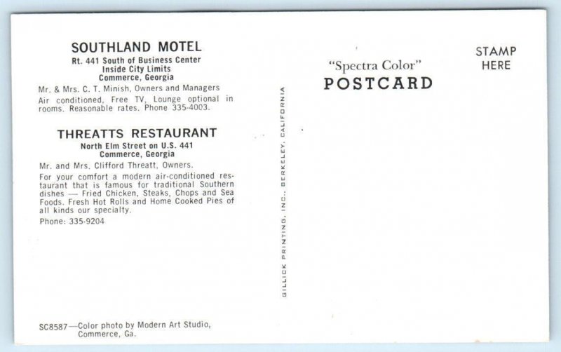 COMMERCE, Georgia GA ~ Roadside SOUTHLAND MOTEL Threatts Restaurant Postcard