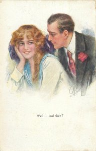 Glamour beauty drawn romantic lover couple artist vintage art nouveau postcard