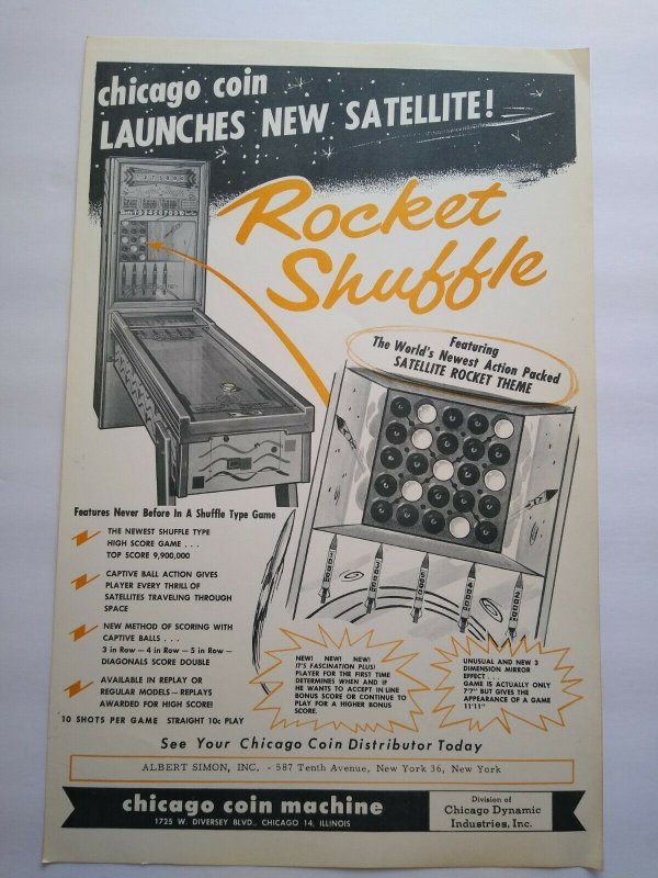 Chicago Coin Rocket Shuffle Arcade FLYER Original Vintage Game Art Print 1958  