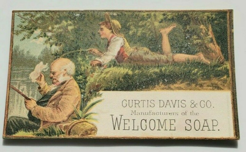 1880's Victorian Trade Card Welcome Soap Man and Boy Fishing Curtis Davis Co