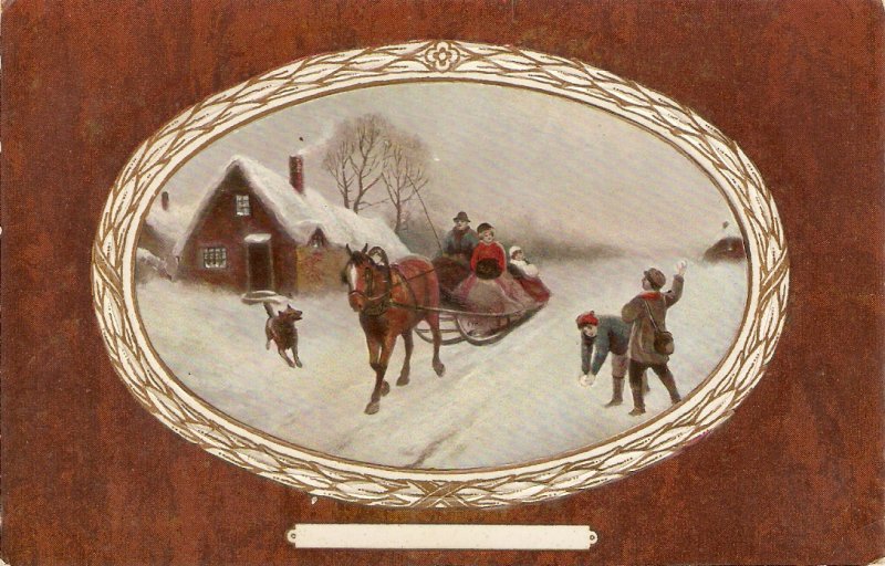 Hirse pulled sledge in snowed landscape Old vintage antique English postcard
