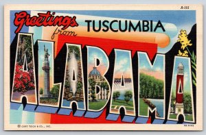 Tuscumbia Alabama~Dam~Vulcan Monument~Art-Deco State Large Letter Linen 1939 PC