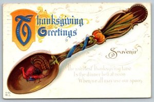 Thanksgiving Greetings Turkey  Souvenir Spoon Embossed  Postcard   1912