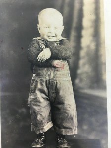 Cute Boy Baby Toddler in Denim Overalls Real Photo Postcard  RPPC AZO