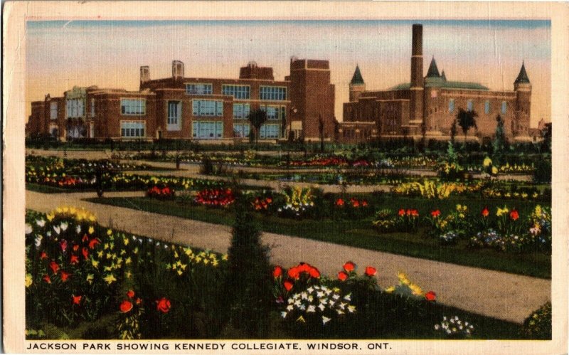 Jackson Park Showing Kennedy Collegiate Windsor Ontario Vintage Postcard B20