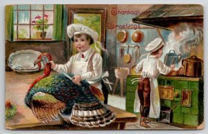 Thanksgiving Turkey on Chopping Block Chef with Knife Embossed Postcard J26