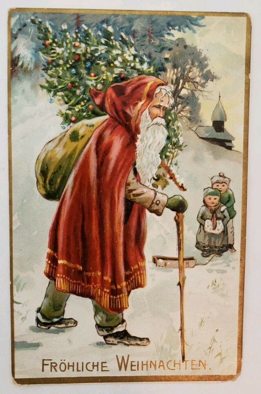 c1905 Santa W Shawl & Cane Walking in Snow W Christmas Tree & Sack Children  