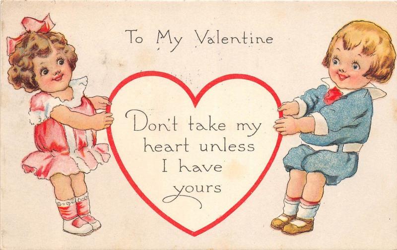 A3/ Valentine's Day Love Holiday Postcard 1910 Worcester Mass Kids Heart 20