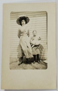 RPPC Woman with Large Hat and Girl with Large Cat Postcard R1