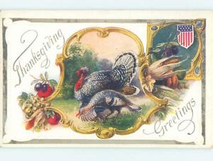 Pre-Linen thanksgiving PATRIOTIC USA FLAG SHIELD WITH TURKEY BIRDS HQ7550@