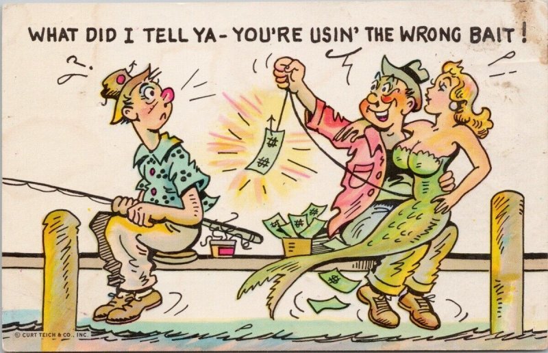 Comic Mermaid Fishermen Using Wrong Bait Money Dollar Humour Postcard H58 *as is