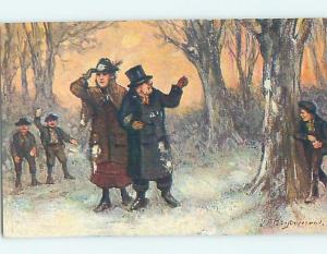 Pre-Linen foreign signed BAD BOYS THROW SNOWBALLS AT COUPLE IN FOREST HL8146