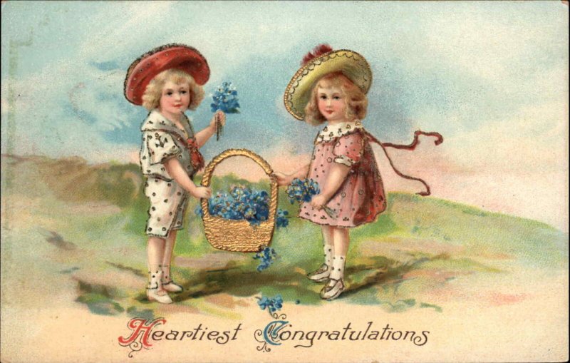 Congratulations Little Boy and Girl with Flowers Gel c1910 Vintage Postcard