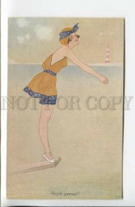 440018 B. WENNERBERG Woman FASHION Beach LIGHTHOUSE Vintage postcard