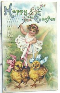 G1792      EASTER   POSTCARD,  GIRL  & CHICKENS