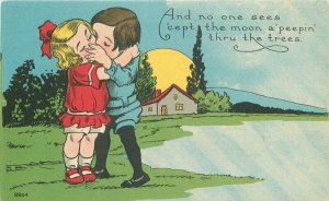 C-1910 Children Romance Kissing Moon Comic Humor linen Postcard 21-5708