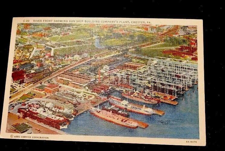 1940s Aerial View  Sun Ship Building Company Plant Chester PA Unmailed Postcard