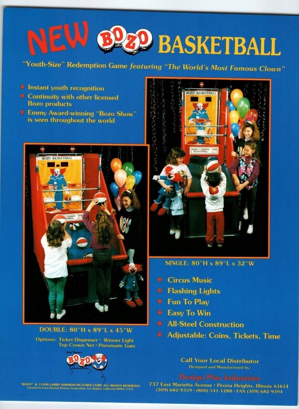 Bozo The Clown Basketball Arcade Toss Game Flyer Original 1990 Glossy 8.5 x 11