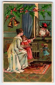 Santa Claus Christmas Postcard Victorian Mother And Child Embossed BW Germany