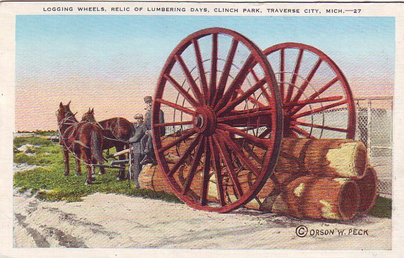 P1278 1946 postcard used logging wheels lumbering days traverse city michigan