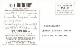 Advertising PC 1954 Mercury 2-Door Sedan Schroeder Motor Sales Saginaw Michigan 