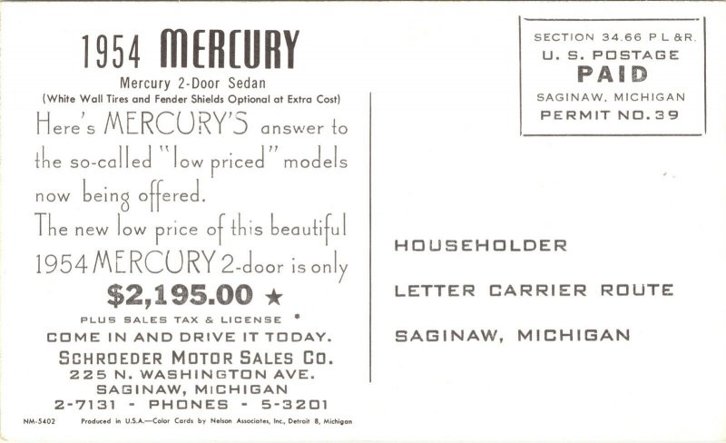 Advertising PC 1954 Mercury 2-Door Sedan Schroeder Motor Sales Saginaw Michigan 