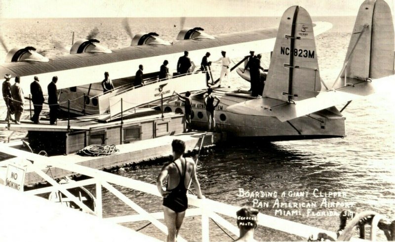 c1940's Boarding Airplane Pan American Airport Miami Florida RPPC Photo Postcard