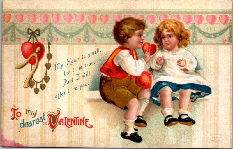 Valentine Postcard Two Children Exchanging Hearts, Wishbone