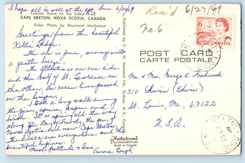 Cape Breton Nova Scotia Canada Postcard Coastal Scene on Cabot Trail 1969