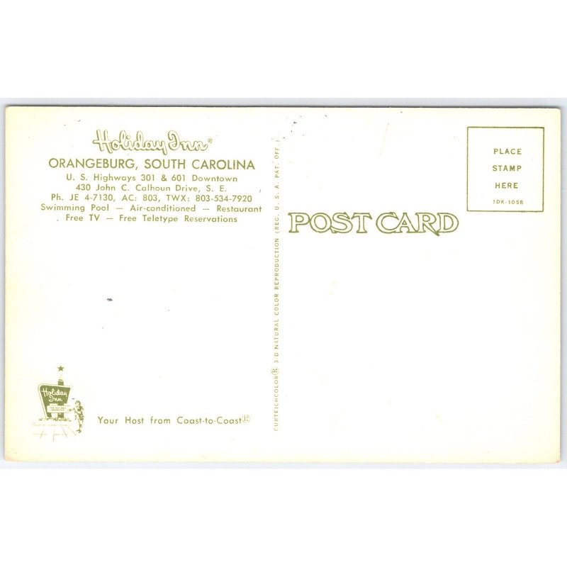 Postcard Holiday Inn Orangeburg South Carolina Vintage Hotel