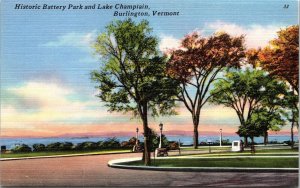 Historic Battery Park Lake Chaplain Burlington Vermont VT Linen Postcard VTG UNP 