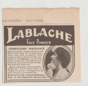 1910 Lablache Face Powder Ad Ben Levy Co, 125 Kingston St, Boston, MA.