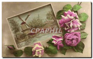 Old Postcard Fantasy Flowers Windmill