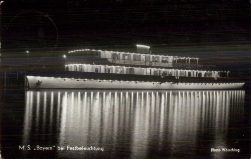 Ship Lit Up at Night MS Bayern - Festbeleuchtung Germany Real Photo Postcard