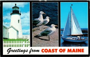 Greetings Coast Maine Sailboat Lighthouse Bromley Company 19c Postcard PM Vtg 