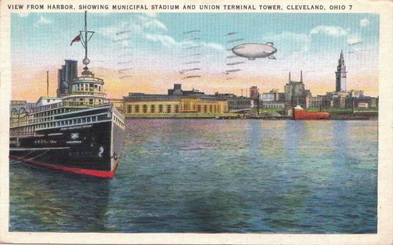 Postcard View from Harbor Municipal Stadium + Terminal Tower Cleveland OH