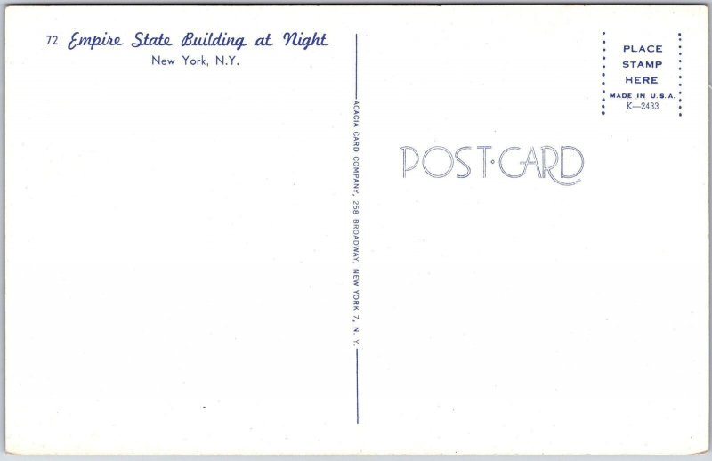 Empire State Building At Night New York  City New York NY Postcard