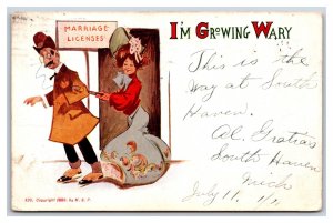 Comic Woman Dragging Man to Marriage License Growing Wary UDB Postcard R26