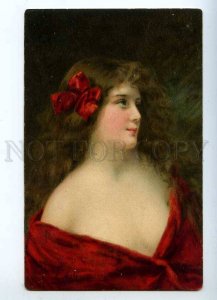 214977 Lady LONG HAIR Red Bow by Angelo ASTI vintage color PC 