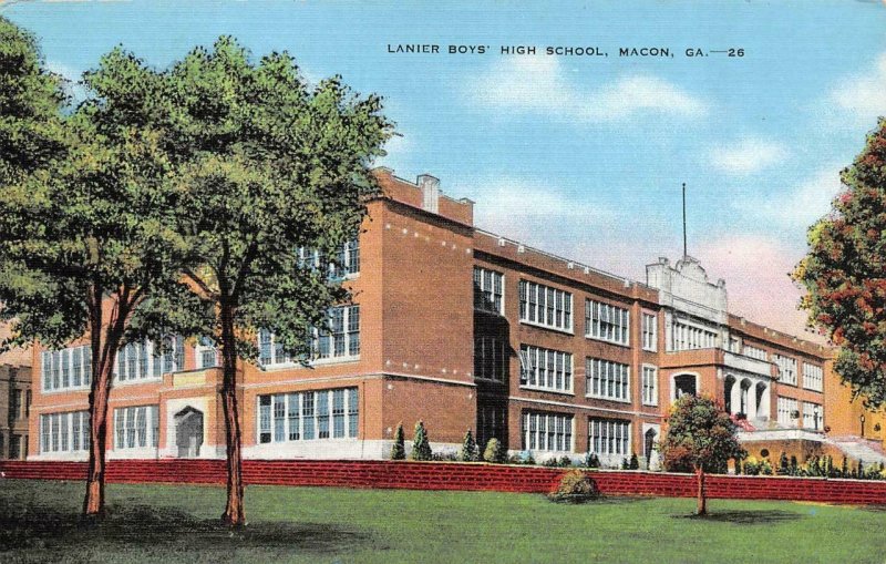 MACON, GA Georgia   LANIER BOYS HIGH SCHOOL  c1940's Kropp Linen Postcard