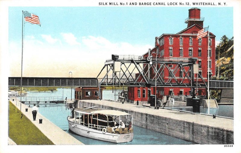 Whitehall, NY New York SILK MILL NO.1 & BARGE CANAL LOCK NO.12  ca1920s Postcard 