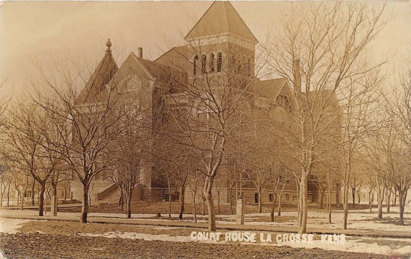 La Crosse Kansas~Rush County Court House~Snow on Ground~Lots of Trees~1910 RPPC