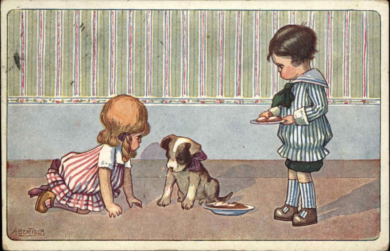 A Bertiglia Little Girl and Boy with Puppy Dog c1910 Vintage Postcard