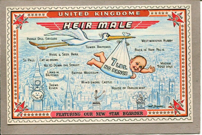  Postcard England Prince William Birth Announcement Comic Heir Male 2690N