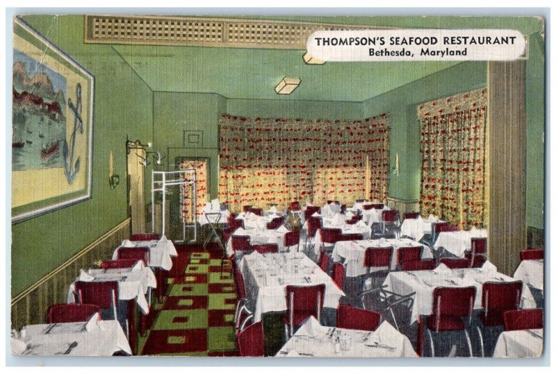 1953 Thompsons Seafood Restaurant Chair Tables Crabs Bethesda Maryland Postcard