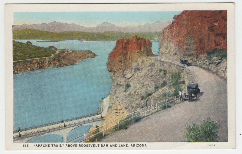 P2402, old postcard old cars apache trail above roosevelt dam & lake arizona