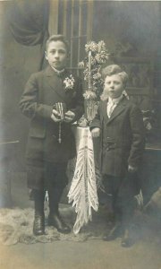 Boys Rosary Interior Catholic Religion C-1910 RPPC Photo Postcard 12125