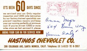 AZ - Grand Canyon. Service notice from Hastings Chevrolet, Santa Monica, CA